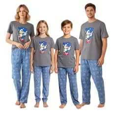 Kit Combinado Família Pijama Personagens Meia Estação Manga Curta + Calça Malha PV Adulto e Infantil Promoção