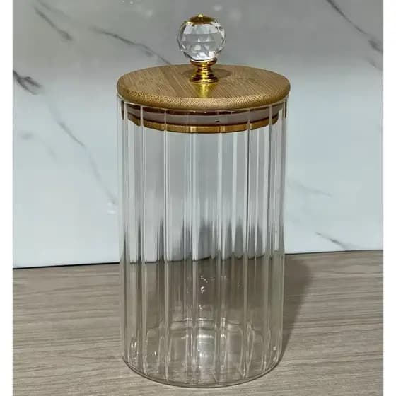 Pote de Vidro Com Tampa Bambu CANELADO TRANSPARENTE  750ML Cozinha Tampa Bambu CRISTAL Porta Tempero