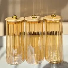 Pote de Vidro Dourado Hermético AMBAR CANELADO G 1050ML Porta Mantimentos Tampa Bambu Argola Dourada