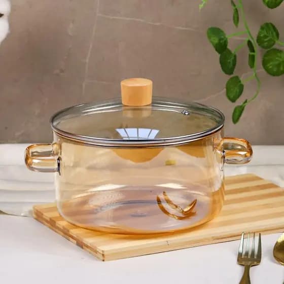 Panela de Vidro Âmbar com alças de vidro e Tampa com pegador de madeira 1,4L decorativa