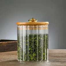 Pote Hermético de Vidro CANELADO 500ML TRANSPARENTE Porta Mantimentos cozinha Tampa Bambu argola Dourada porta tempero