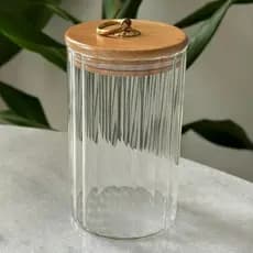 Pote de Vidro CANELADO (M 750ML) TRANSPARENTE Porta Mantimentos Hermético Tampa Bambu Com Argola