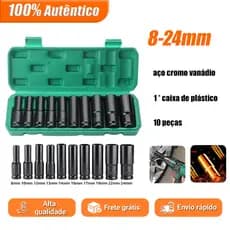 Jogo de Soquetes de Impacto Longo 1/2" 10 Peças (8-24mm) - Profundo e Resistente para Ferramentas Industriais