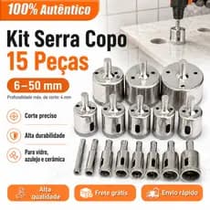 Kit Jogo 15 Brocas Serra Copo Diamantadas Para Vidros Garrafas Mármore Cerâmica Piso Azulejos Porcelanatos De 6mm a 50mm
