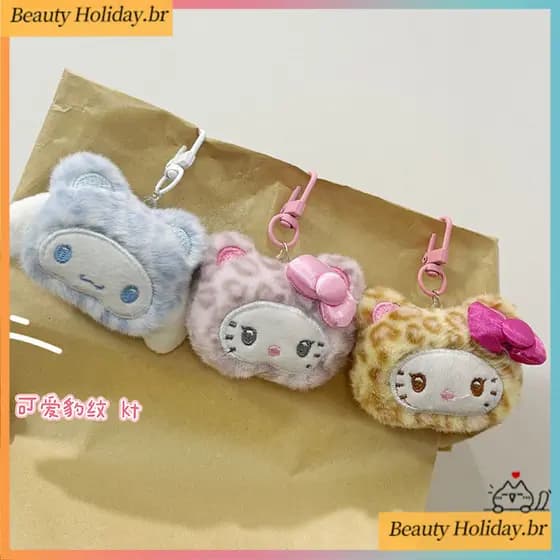 Sanrio Leopardo Impressão Olá Kitty Pingente Dos Desenhos Animados De Pelúcia Cinnamoroll Chaveiro Casal Mochila Acessór