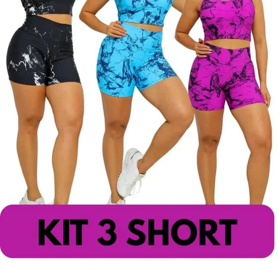 KIT 3 Shorts Feminino suplex cintura alta Marmorizado Academia Fitness Zero transparência