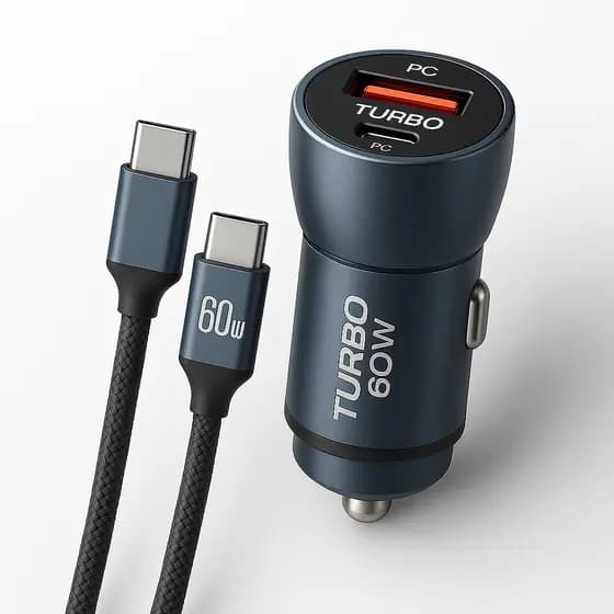 Carregador Veicular Turbo 60 W 2 Portas USB-C PD + USB-A QC4.0 Rapido + Cabo Nylon