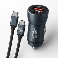 Carregador Veicular Turbo 60 W 2 Portas USB-C PD + USB-A QC4.0 Rapido + Cabo Nylon