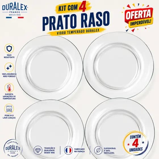 Kit 4 Pratos Raso Duralex Vidro Transparente Astral Circular 23.CM Temperado- Resistente a risco