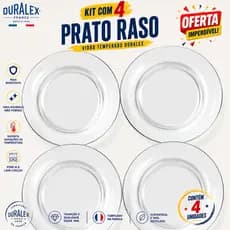 Kit 4 Pratos Raso Duralex Vidro Transparente Astral Circular 23.CM Temperado- Resistente a risco