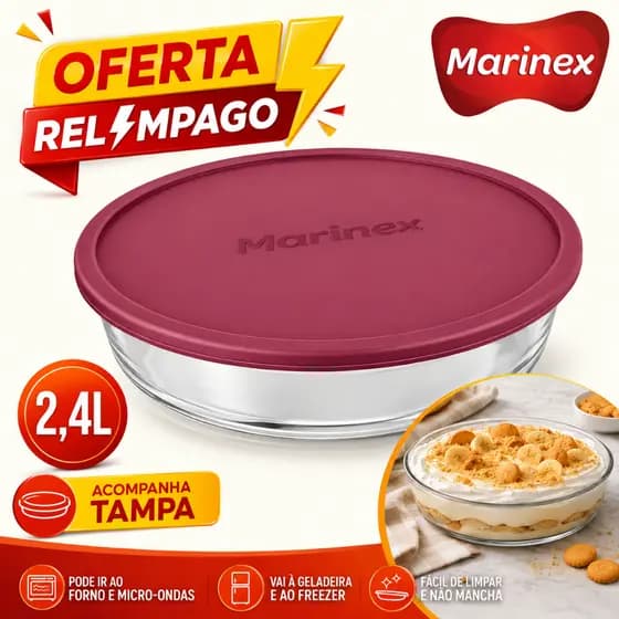 Forma Assadeira Redonda 2,4L c/Tampa Sortidas Marinex Vidro Temperado Sobremesa Pudim