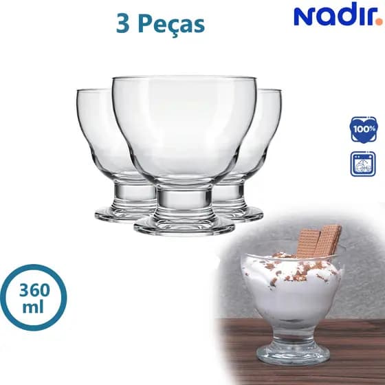 Kit Jogo 3 Taças Sobremesa Samba 360ml de Vidro  Nadir linhas suaves e elegantes