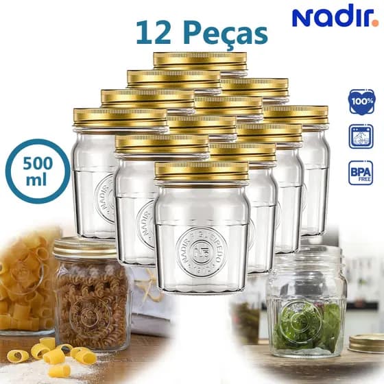 Kit com 12 Pote Americano Nadir Vintage 500ml p/Mantimentos