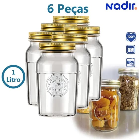 Kit c/6 Pote Americano Nadir Vintage 1 Litro P/mantimentos