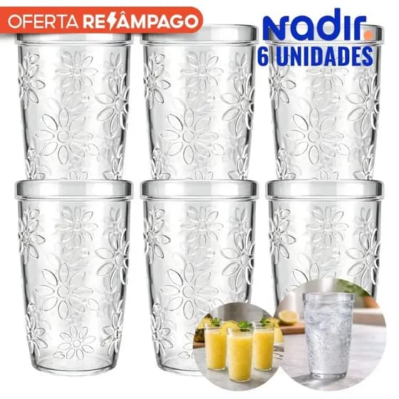 Jogo 6 Copos Nadir Nature 270ml – Vidro Grosso Temperado, Transparente Floral para Suco e Água