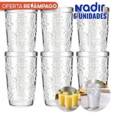 Jogo 6 Copos Nadir Nature 270ml – Vidro Grosso Temperado, Transparente Floral para Suco e Água