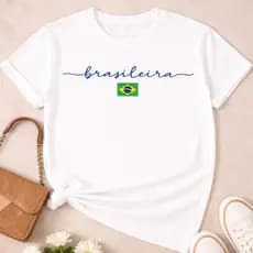 [Camiseta Premium Algodão Puro]LA Camiseta Feminina Brasileira Copa Brasil 100% Algodão Estampa Minimalista Casual Confo