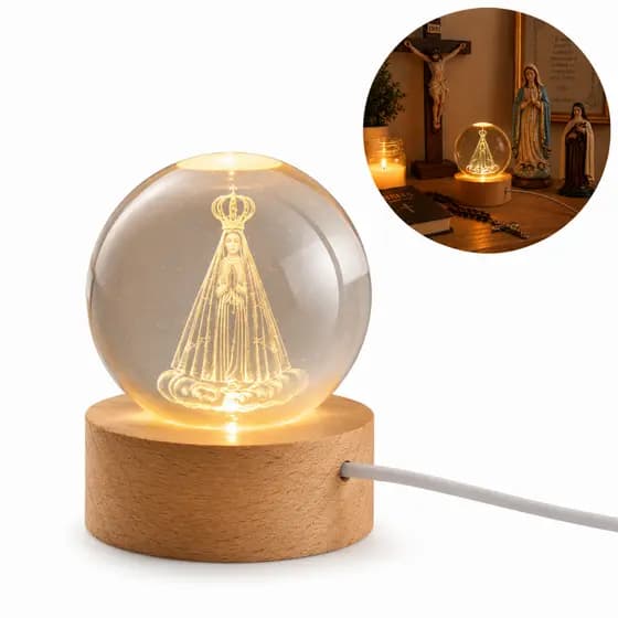 Luminária de Mesa Bola de Cristal Abajur sala Luminária nossa senhora aparecida Madeira Moderna