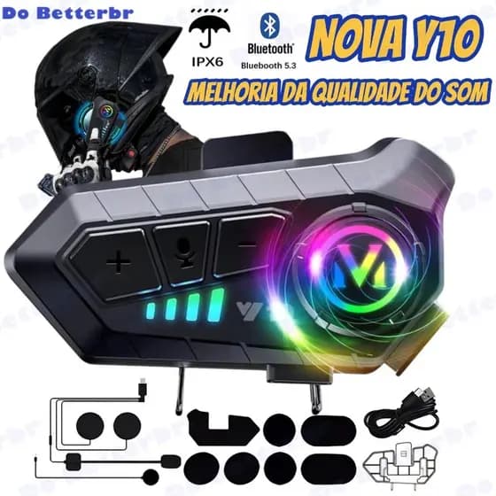 NOVA Y10 Fone De Capacete Com Luz Ambiente Bluetooth 5.3 Intercomunicador Para Capacete Ipx6 À Prova D'água Para