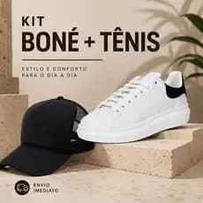 Kit Tênis Masculino Casual Branco Preto + Boné Trucker Preto Confortável Moda Urbana Premium