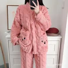 Pijama Feminino de 2 Peças para Outono Inverno, Pijama Feminino de Fleece Coral, Roupa de Estudante Cartoo 8754