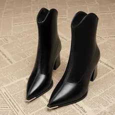 Botas Femininas de Cano Médio 2025 com Bico Fino, Salto Grosso, Detalhe Lateral, Botas Curtas de Outono e Inverno 7451 W