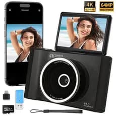 Câmera digital com zoom 4K CCD 16x, adequada para fotografia estudantil, compacta de 72MP, tela flip selfie de 180° SD