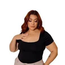 Body Plus Size Decote Quadrado Minimalista Manga Curta Fecho Entrepernas