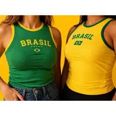 Regata Feminina Cropped Brasil Canelada Virginia Copa do Mundo Verde e Amarelo, Tamanho único