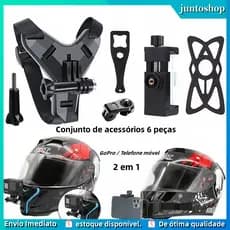 Três cores 6 kits Suporte Camera Celular Capacete Queixo(GoPro/SJCAM) e Smartphones - Ideal para Motociclismo e Aventura