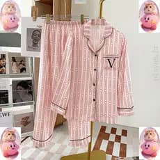 Pijama feminino Listrado Moda Seda Manga Longa Calças Pijama Set PC94