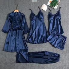 5 Peças Roupão De Seda Roupa De Dormir Feminina Renda Cetim Pijama Conjunto Com Decote Em V Cami Camisola U