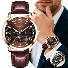 Relógio Masculino Quartzo 7707 Luxo Executive Couro Legítimo À Prova D'água Vidro Temperado com Calendário e Luz Noturna