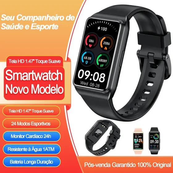 Smartwatch HW68 Tela 1.47'' 24 Modos Esportivos Resistente Água 1ATM Monitor Cardíaco 24h Bluetooth 5.2 Presente Fitness