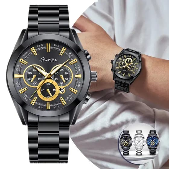Relógio Masculino Quartz Sunlifex 9345 Luxo Executivo Pulseira de Aço Resistente à Água e Luminoso, Presente para Homem