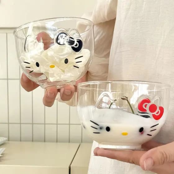Tigela de vidro de camada única com design de gatinho fofo, nova tigela e hashis para gatinhos, estilo feminino, tigela