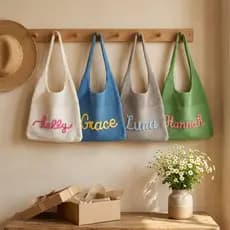 Bolsa de ombro de malha bordada à mão, personalizada, estilo coreano, bolsa tote versátil com design vazado, bolsa tecid