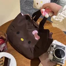 Bolsa de mão bordada com gatinho rosa-marron em estilo coreano, bolsa vintage fofa para o dia a dia, bolsa versátil e po