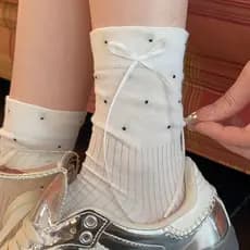 Meias estilo Miu com bolinhas, de cano médio, finas para o verão, de algodão, estilo bailarina, meias folgadas, brancas,