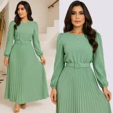 Vestido Evangélico Forrado Manga Longa Plissado Com Cinto Duna