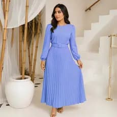 Vestido Longo Forrado Saia Plissada Manga Longa Meia Estação