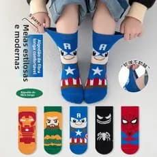 Kit Meia Infantil Cartoon 5 Pares - Meia de Algodão Respirável para Meninos e Meninas