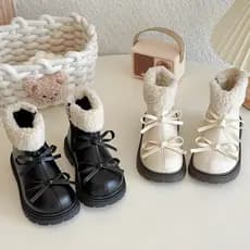 Botinha Infantil de Inverno – Couro Macio com Laço, Bota Acolchoada para Meninas