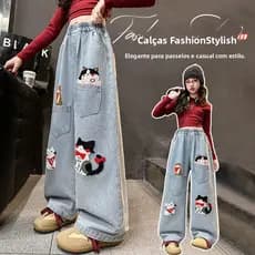 Calça Jeans Infantil – Pantalona Larga com Bordado de Gato para Meninas Casual