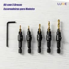 Kit Brocas Escareadoras Madeira 5 Peças #5 a #12 com Chave Furo Preciso e Acabamento Limpo
