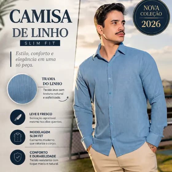 Camisa Social Masculina Manga Longa Linho Casual Luxo Slim Fit Estilo Moda Masculina