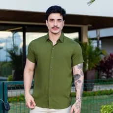 Camisa Masculina Manga Curta Linho Casual Preta Manga Curta Slim Fit