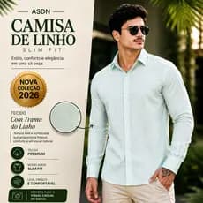 Camisa Social Masculina Manga Longa Linho Slim Fit Premium Azul Elegante Moda Verão