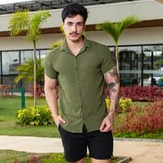 Camisa Social Masculina Manga Curta Slim Fit Texturizada