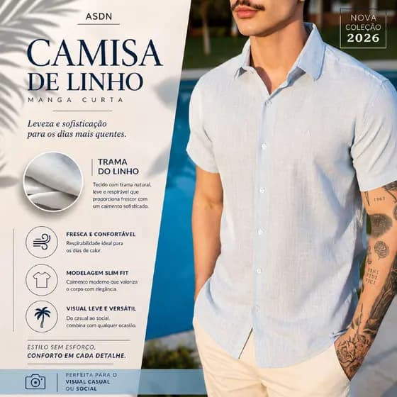 Camisa Masculina Social Manga Curta Linho Premium Casual Luxo Slim Fit Verão